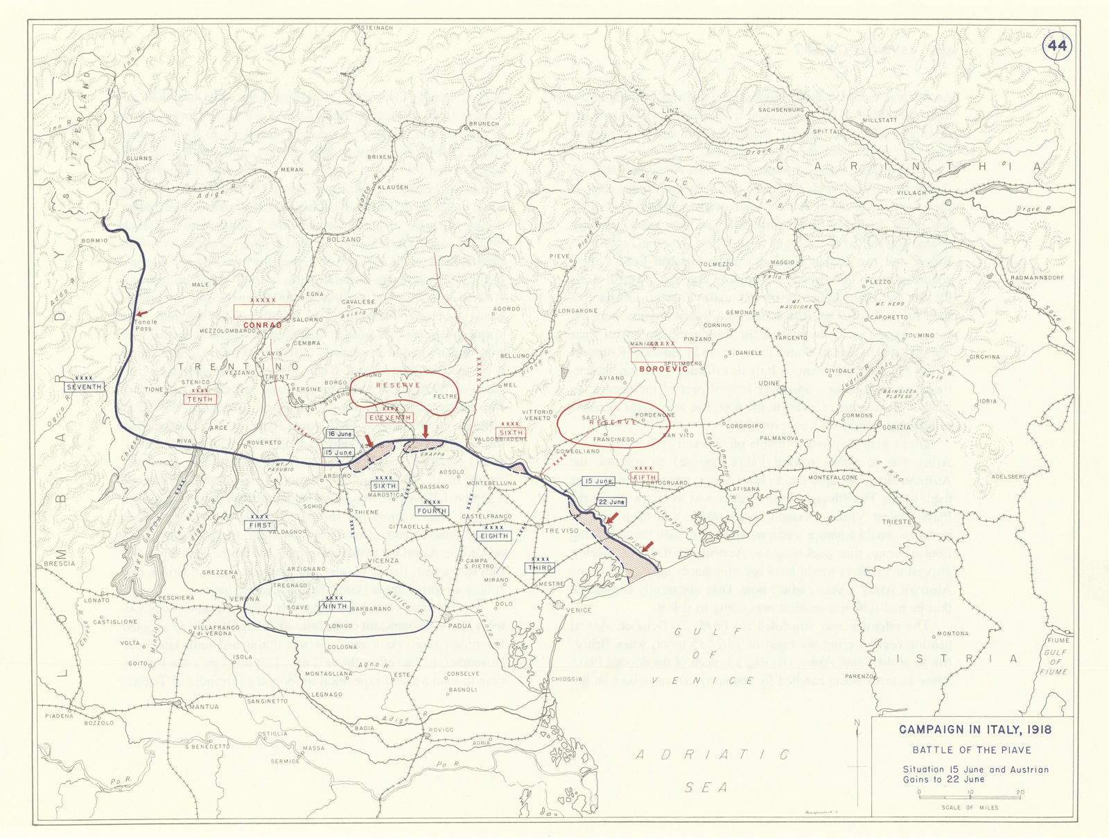 World War 1. Italy Campaign June 1918. Battle of Piave. Austrian Gains 1959 map